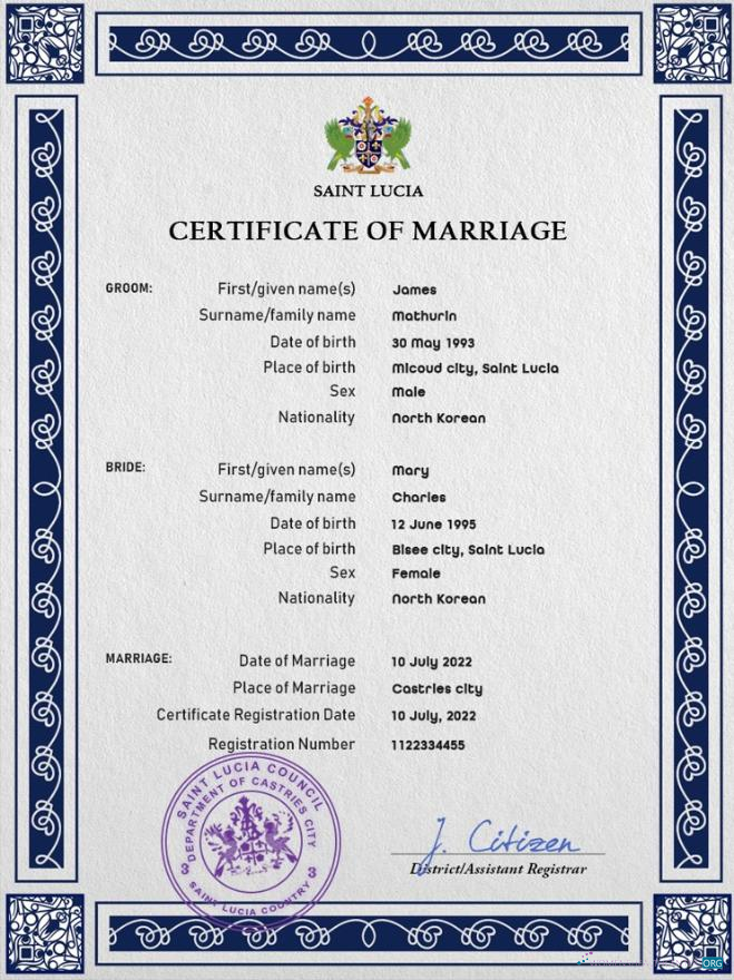 Download Saint Lucia marriage certificate PSD template Photoshop template